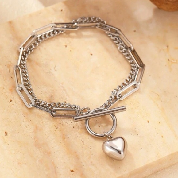 Silver Tone Heart Paperclip Chain Stainless Steel Bracelet - Picture 5 of 5